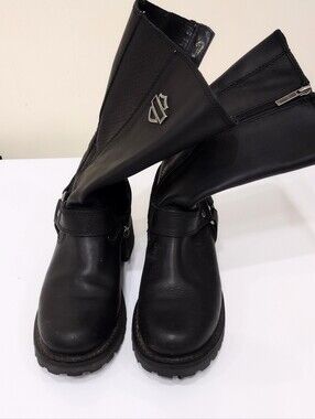 Harley-Davidson Sz7 Black Leather Women's Moto Boots with Zipper and Harness